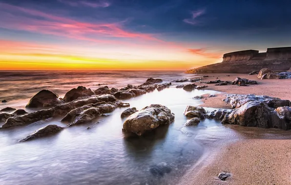 Picture rock, beach, ocean, coast, sunrise