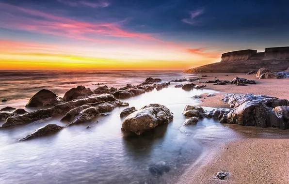 Rock, beach, ocean, coast, sunrise