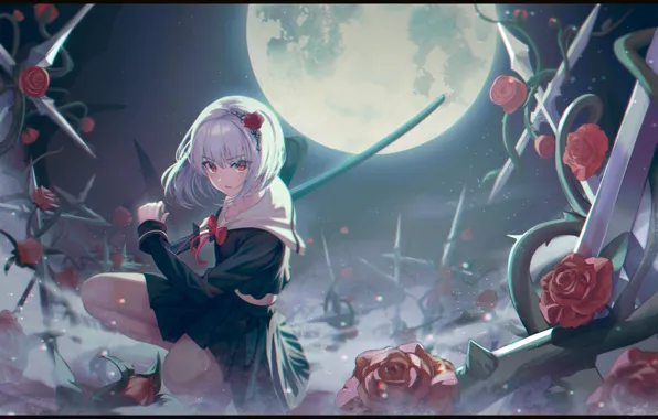 Girl, night, fog, the moon, crosses, roses, katana, by Xeonomi