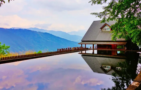 Mountains, house, view, height, pool, in the mountains, Taiwan, Taichung City