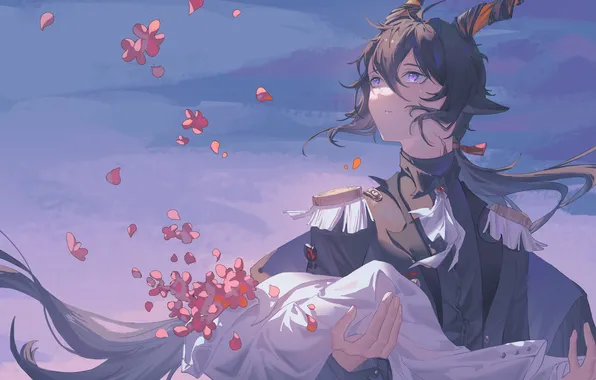 The sky, flowers, body, fantasy, horns, guy, tear, Arknights