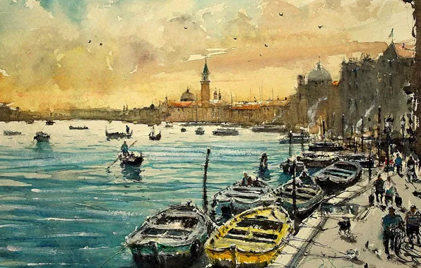 Home, picture, boats, watercolor, Venice, the urban landscape, Maximilian DAmico