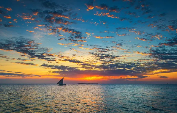 The sky, clouds, sunset, the ocean, boat, sky, ocean, sunset