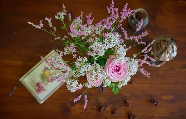 Flowers, table, roses, bouquet, lantern, book, pink, white