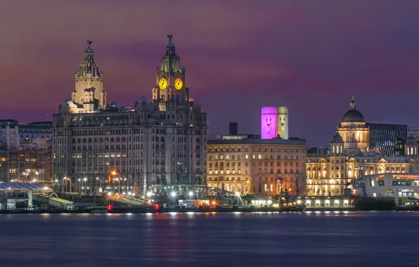 Night, lights, river, England, home, lights, Liverpool, Liverpool