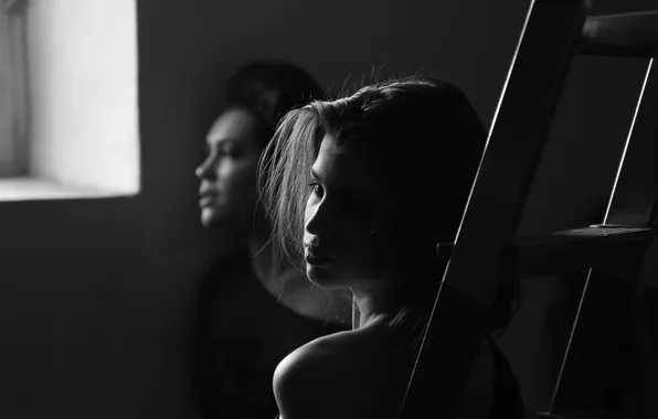 Girl, room, window, ladder, black and white