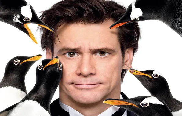 Picture penguins, white background, Jim Carrey