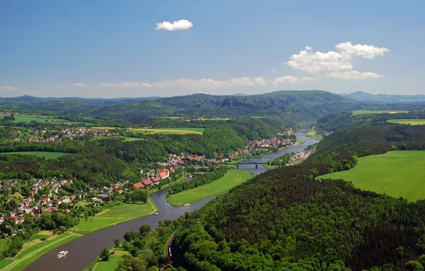 The sky, trees, bridge, the city, river, Germany, valley