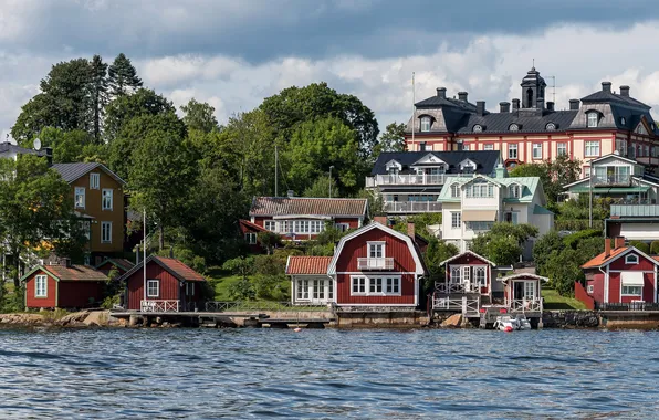 Picture trees, river, shore, home, Sweden, Vaxholm