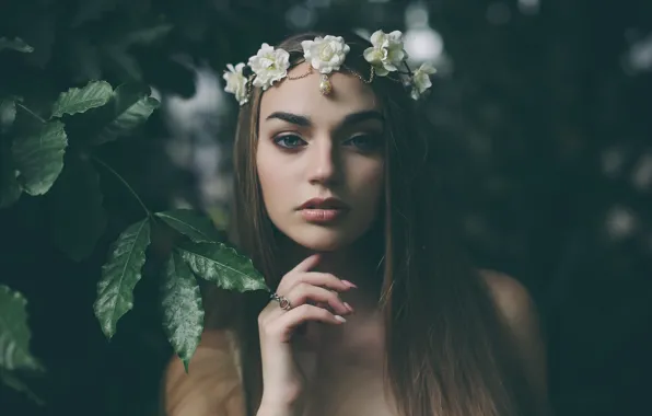 Picture leaves, girl, decoration, flowers, branches, brunette