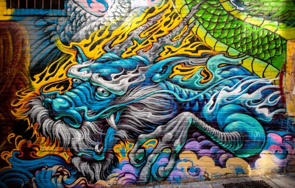 Wall, graffiti, dragon, The city