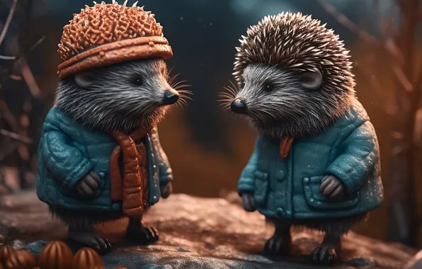 Autumn, hedgehog, a couple, hedgehog, hedgehogs, digital art, jackets, Jerzy