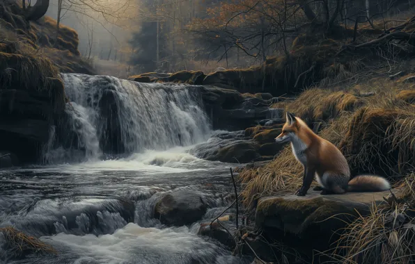 Forest, look, nature, stones, shore, waterfall, Fox, sitting