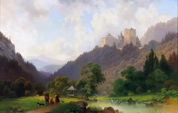 Mountains, Trees, Castle, People, Picture, River, Austrian painter, The pleasures of summer at the foot …