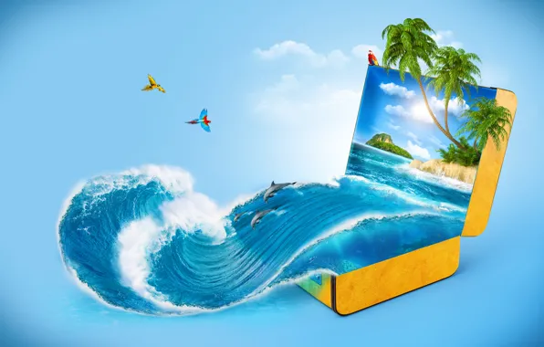 Sea, palm trees, creative, wave, dolphins, suitcase, parrots