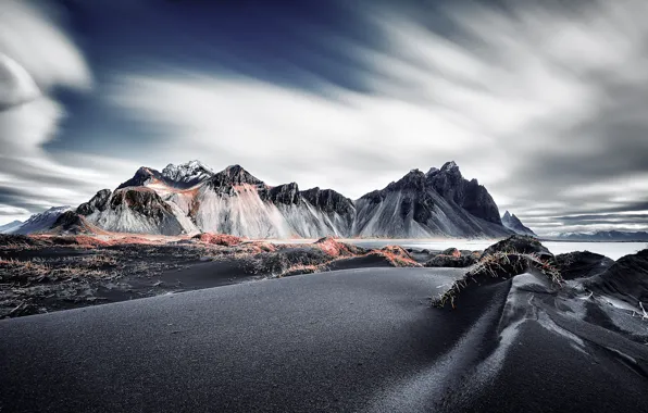 Mountains, nature, shore, Vestrahorn Islande