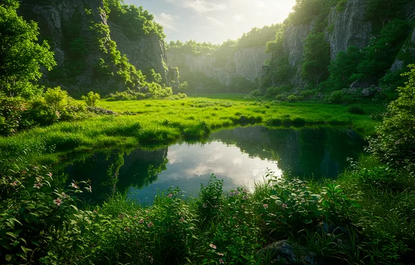 The sky, grass, trees, mountains, nature, lake, Wallpaper, haze