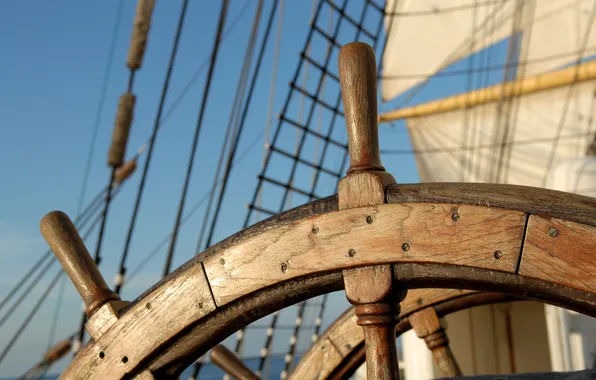 Sea, the sky, close-up, sailboat, wheel, sails, ropes, journey