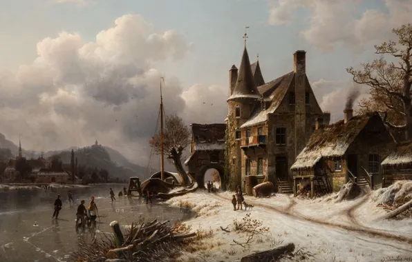 Picture 1870, German painter, German painter, oil on canvas, Winter Scene with Skaters on a Frozen …