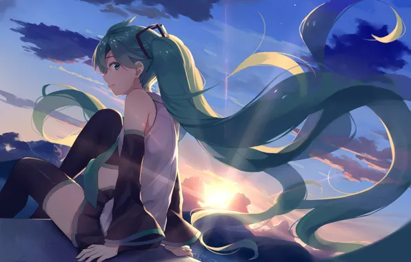 Picture the sky, girl, clouds, sunset, smile, anime, art, vocaloid