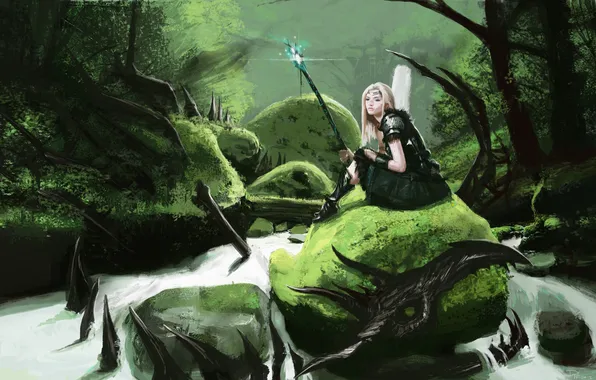 Forest, girl, river, stones, art, MAG, staff