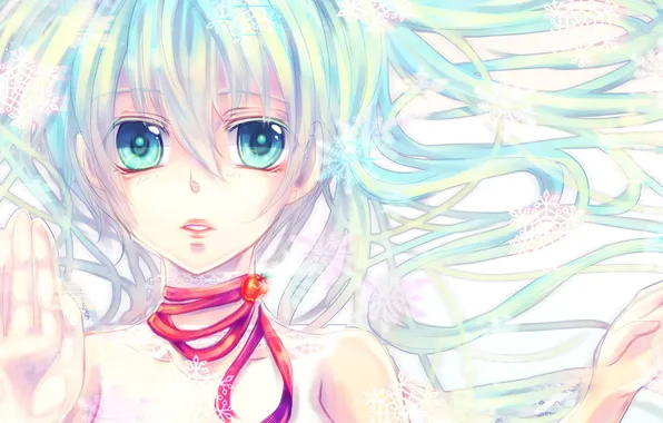 Eyes, girl, snowflakes, Apple, art, tape, vocaloid, hatsune miku