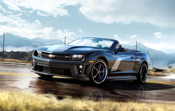 Road, machine, grass, asphalt, mountains, puddles, convertible, camaro