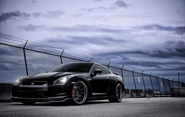Picture the sky, clouds, Nissan, GT-R, black