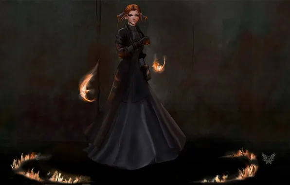 Picture girl, background, fire, round, robin sena, witch hunter robin