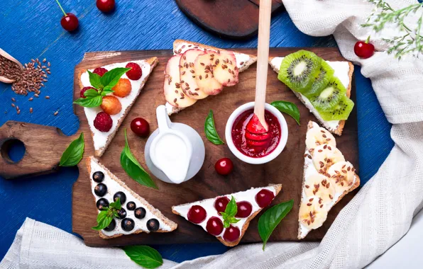 Cherry, berries, raspberry, kiwi, fruit, currants, jam, toast