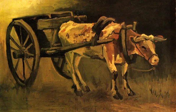 Picture wagon, bull, Vincent van Gogh, Cart with Red and White Ox