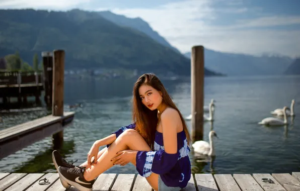 Picture look, girl, landscape, mountains, birds, nature, lake, shorts