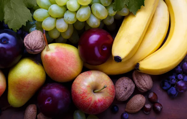 Apples, grapes, bananas, fruit, nuts, plum, pear, different