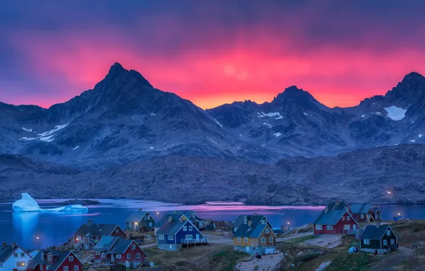 Sea, mountains, home, glow, the village, Greenland