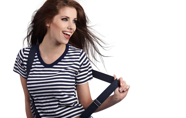 Joy, mood, model, t-shirt, white background, brown hair, striped, vest