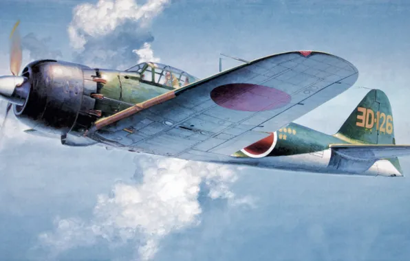 Picture war, art, painting, aviation, ww2, Mitsubishi A6M5 Zero Fighter, japanese navy