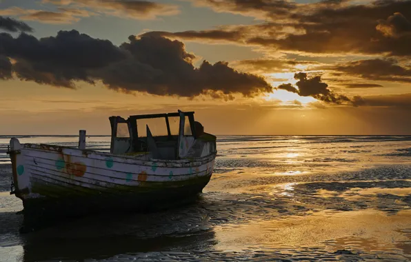 Sea, sunset, shore, boat, stranded