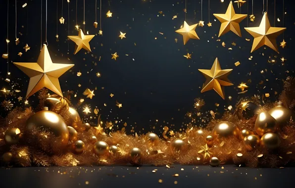 Stars, balls, lights, the dark background, gold, Shine, sequins, Christmas
