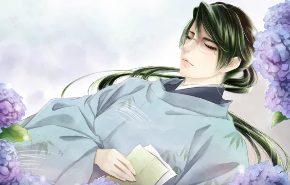 Flowers, glasses, sleeping, Guy, green hair