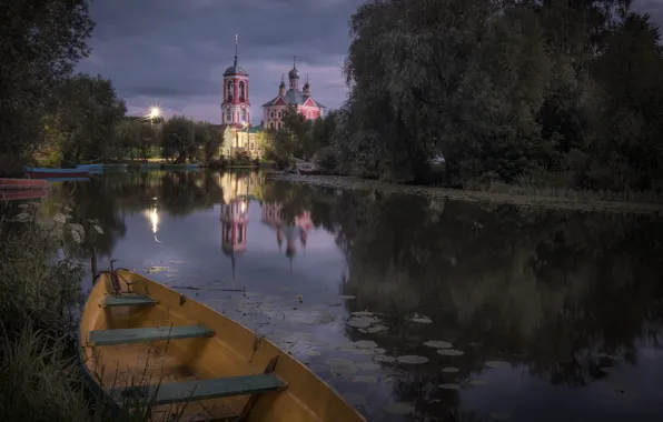 Picture landscape, nature, reflection, river, dawn, boats, morning, temple