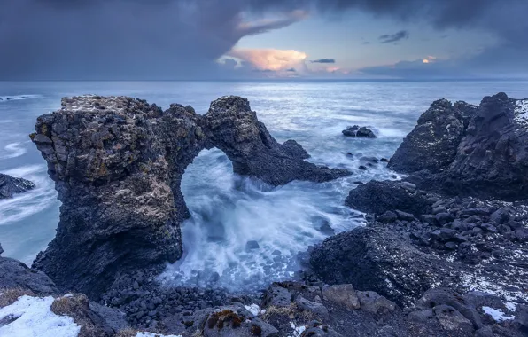 Sea, dawn, coast, morning, arch