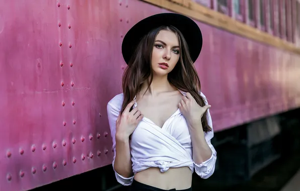 Look, sexy, pose, model, train, portrait, hat, hands