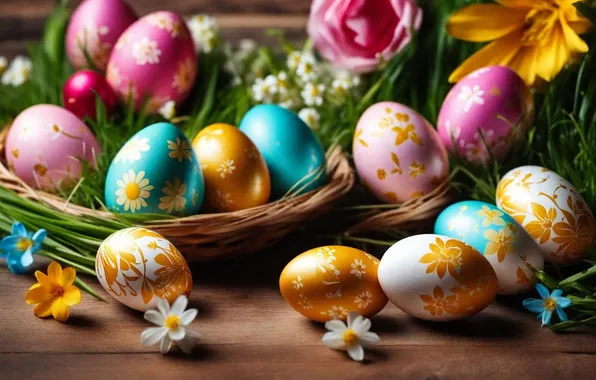 Flowers, eggs, spring, colorful, Easter, happy, flowers, spring