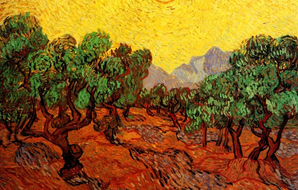 Picture the sun, trees, mountains, Vincent van Gogh, with Yellow Sky, and Sun, Olive Trees