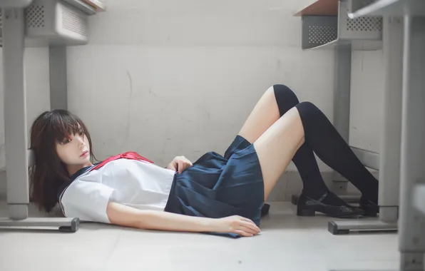 Asian, school uniform, model, women, brunette, women indoors, Feng Mao