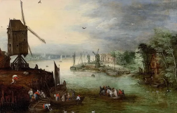 Picture river, boat, picture, Jan Brueghel the younger, River Landscape with a Mill
