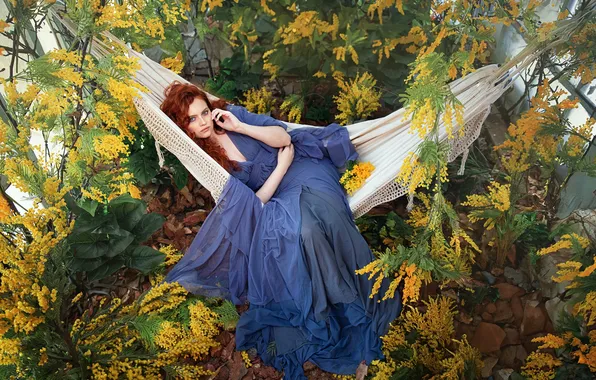 Picture girl, pose, mood, hands, dress, hammock, red, redhead