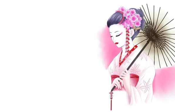 Picture girl, flowers, figure, umbrella, art, geisha, white background, kimono