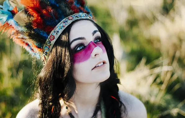 Look, girl, face, feathers, blur, paint