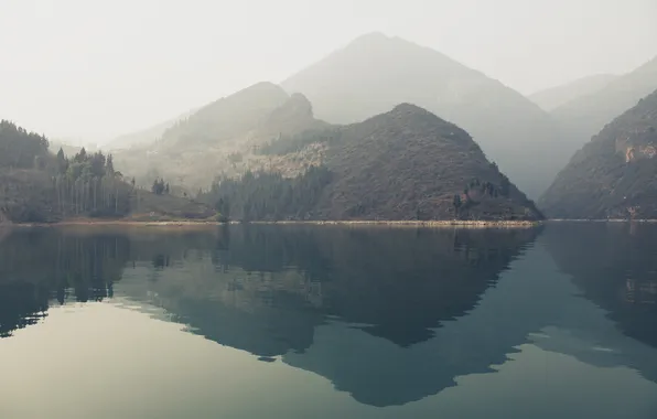 Picture forest, water, mountains, fog, reflection, China